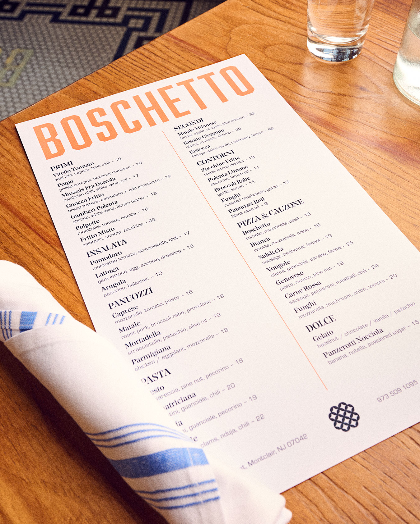 Boschetto menu on table